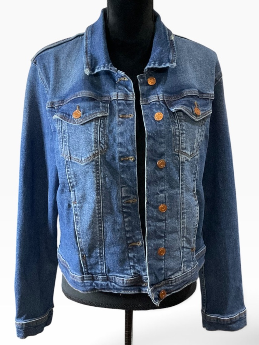 Kensie Blue Denim Jacket with Copper Toned Buttons and Chest Pockets